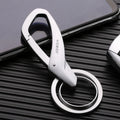Zinc alloy double ring waist hanging keychain in black, chrome, or nickel finishes measuring 8.3x3.5cm