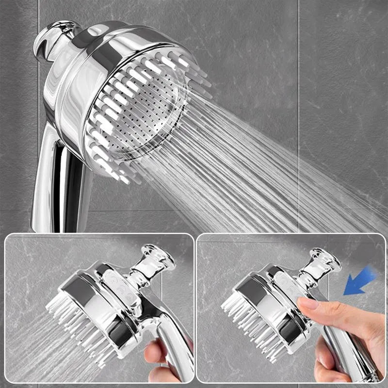 Silver 2 in 1 dog shower attachment with soft silicone comb teeth and ergonomic grip on white background