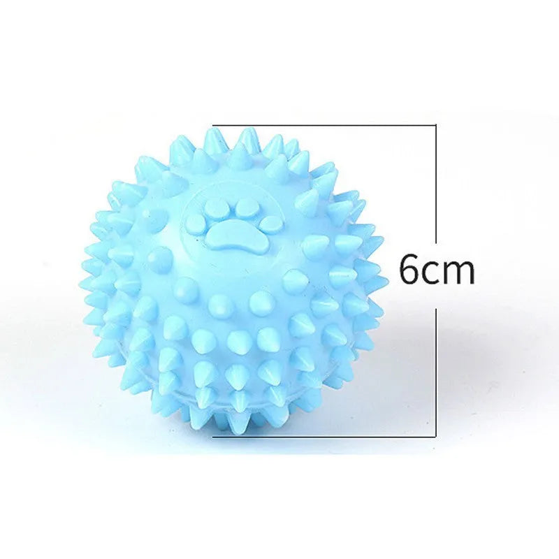 Blue TPR rubber dog chewing ball with textured footprint pattern for tooth cleaning