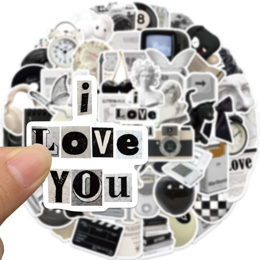 61 black and white PVC waterproof stickers on a sheet for laptops, phones and luggage