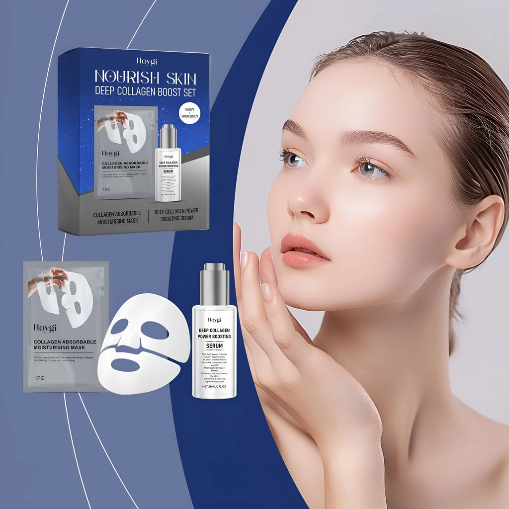 Collagen moisturising suit showing facial mask and 30ml essence bottle for skin hydration