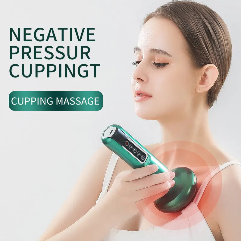 Green electric vacuum cupping massager device with USB charger on a white background