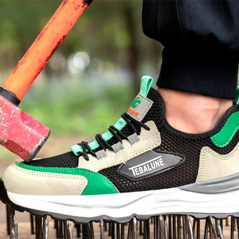 Black and green low-top lightweight mesh plastic steel toe safety shoes on white background