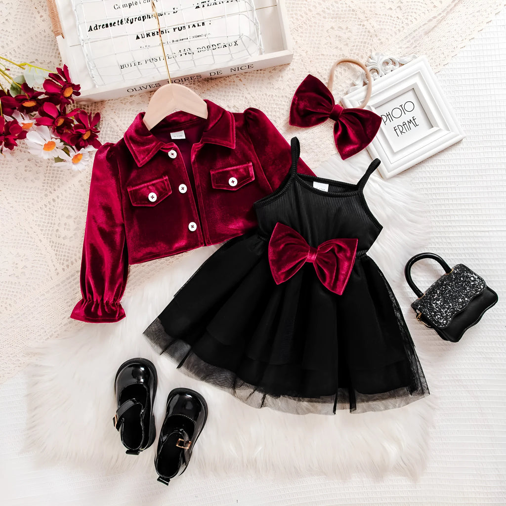 Baby girl jacket and bow strapless dress set in red solid colour with floral print long pants