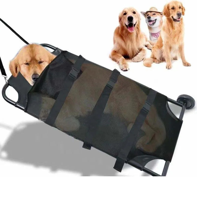 Large black aluminium alloy pet stretcher shown in a folded storage configuration.