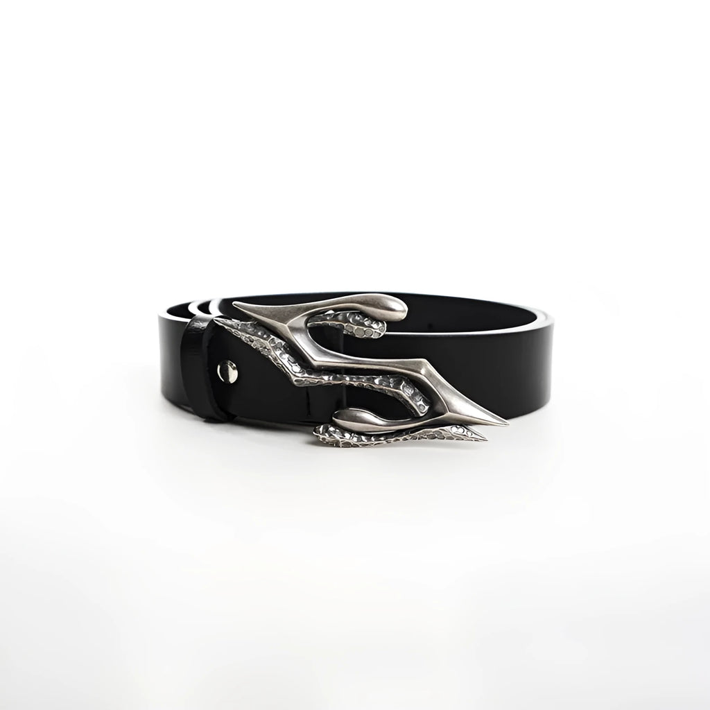 Black men's leather belt with metal buckle, made from two-layer cowhide, showing 110cm length