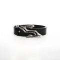 Black men's leather belt with metal buckle, made from two-layer cowhide, showing 110cm length