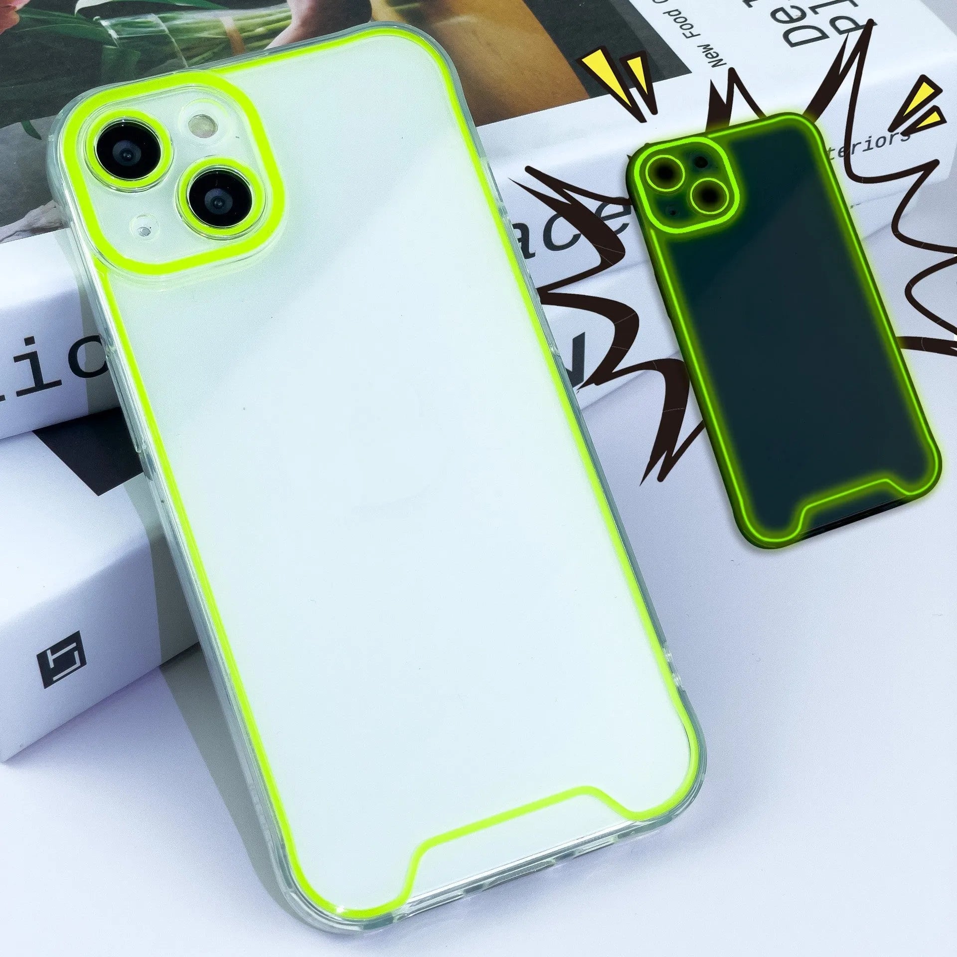 Glow in the dark green soft TPU phone case for iPhone on a dark background.