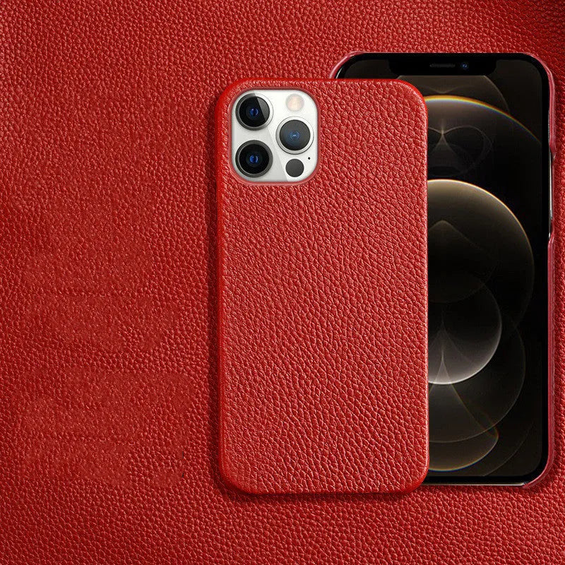 Genuine leather iPhone protective case in beige colour, showing minimalist half-frame design on an iPhone model.