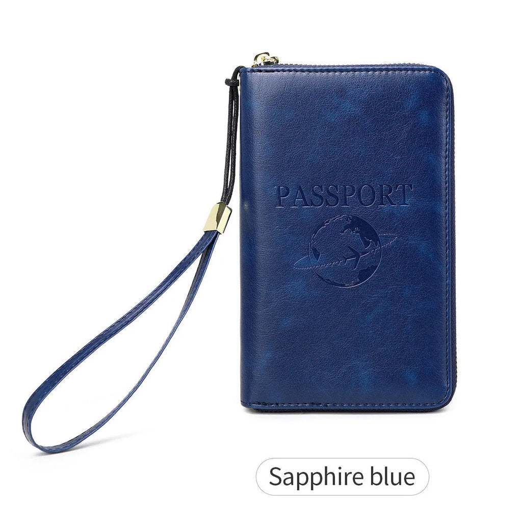 Multifunctional travel document package in brown PU with letter print, anti-theft card slot and 18.5x2.5x11cm size