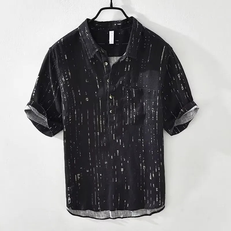 Men's black and white loose fit short-sleeved polo shirt with lapel collar on hanger
