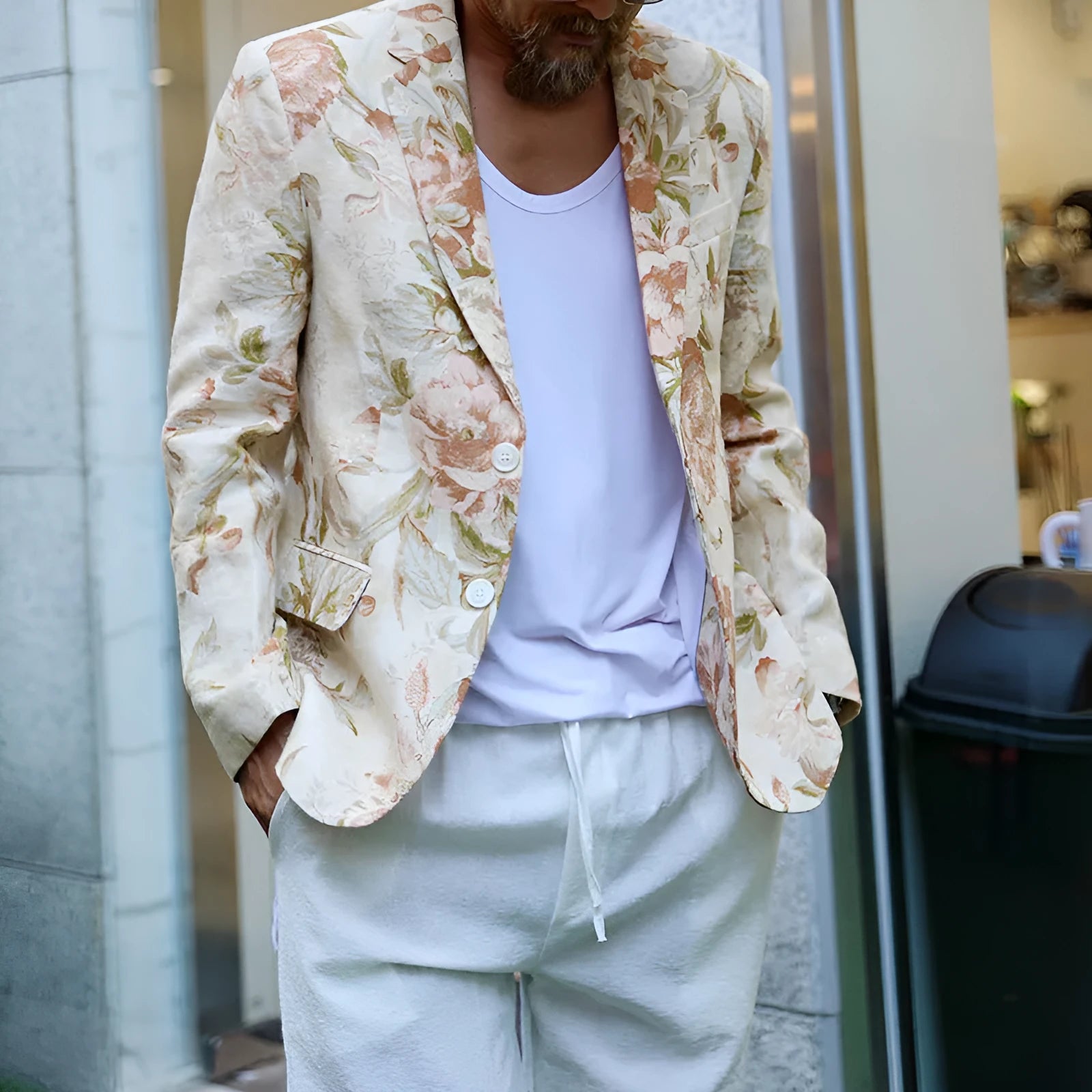 White casual printing suit top for men with long sleeves, polyester fabric, Asian sizing S-XXXL