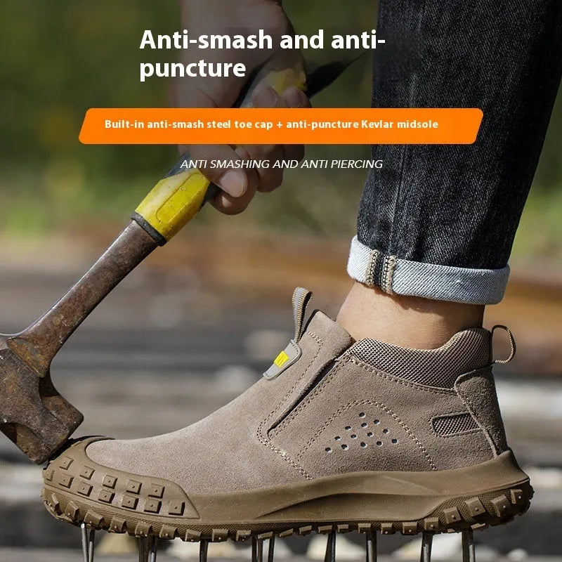 Welding work safety shoes mid-calf steel toe suede leather grey khaki protective footwear