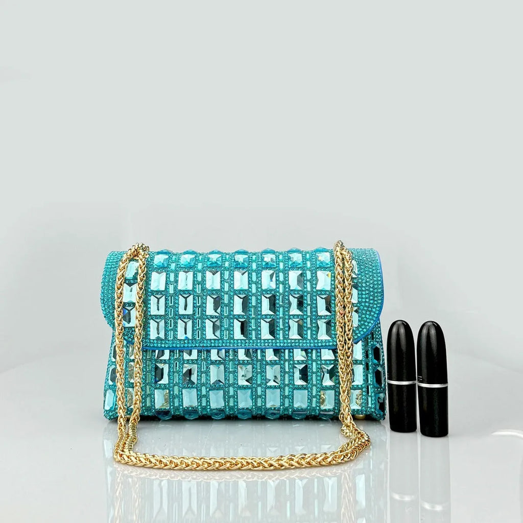 Shiny glass rhinestone chain clutch handbag in silver with open pocket and chain strap