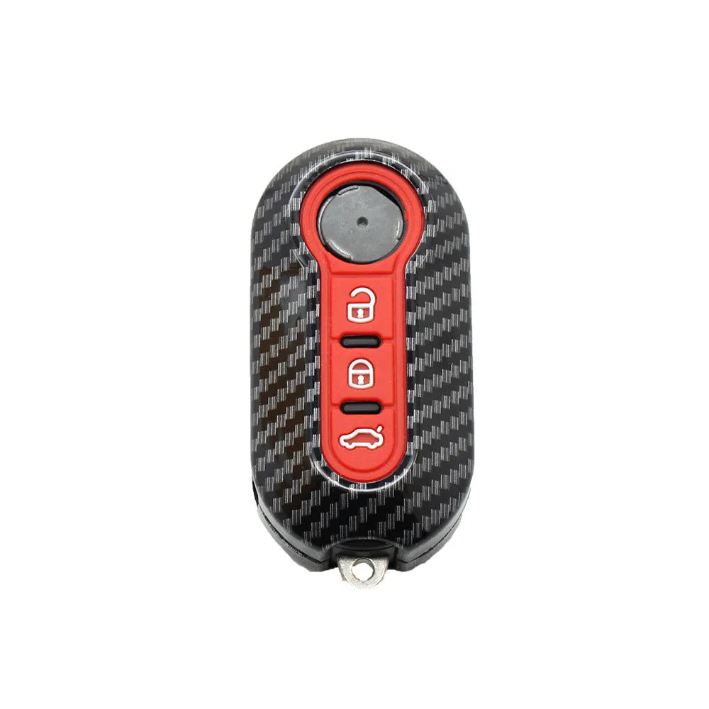 Fiat 500 Boyue car key shell in carbon fibre black ABS plastic, showing button layout.