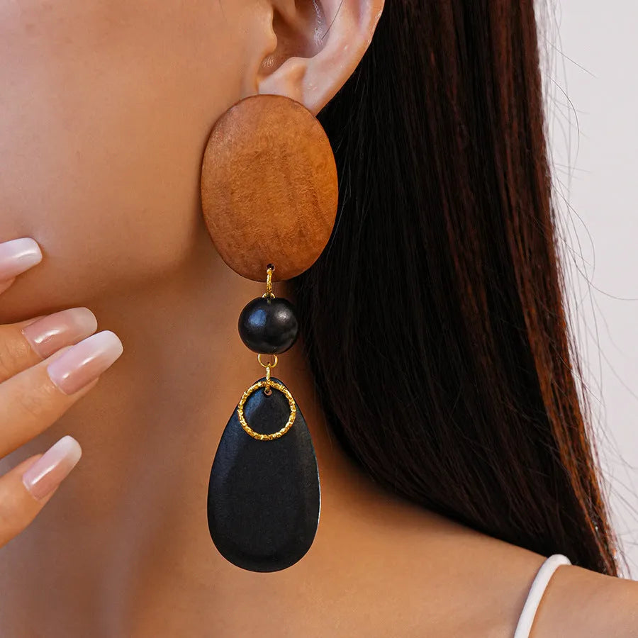 Handcrafted wooden ellipse earrings with silver needle-brown-black colouring in European retro style