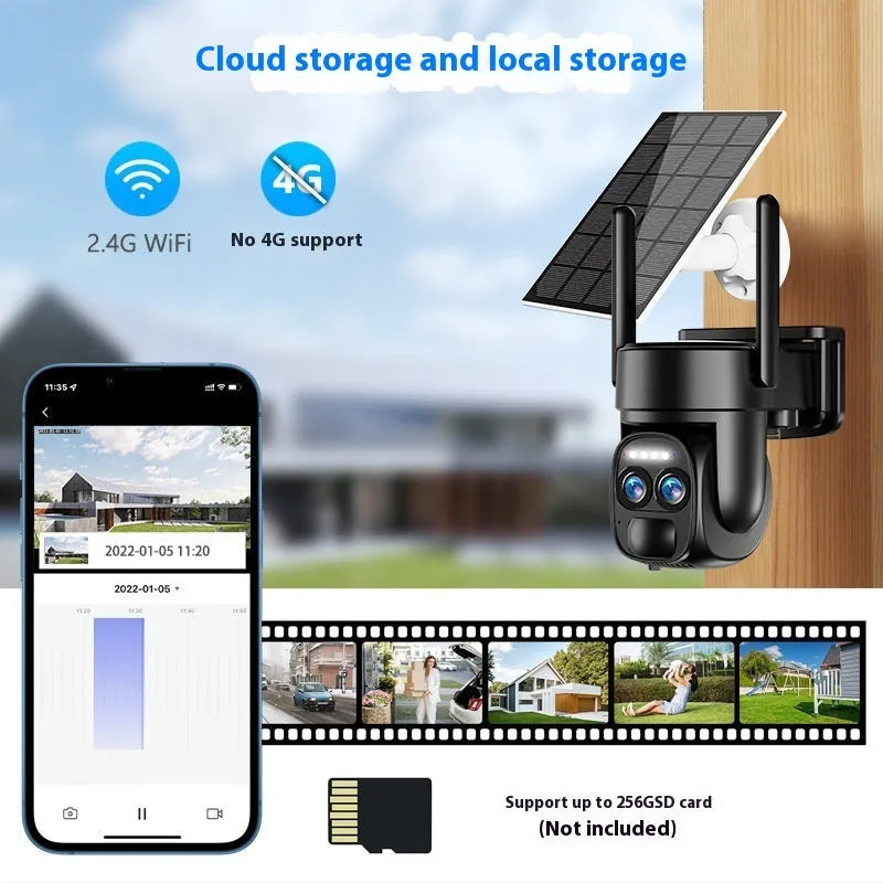 Solar-powered outdoor security camera with 8x zoom lens and dual 4G/WiFi connectivity options