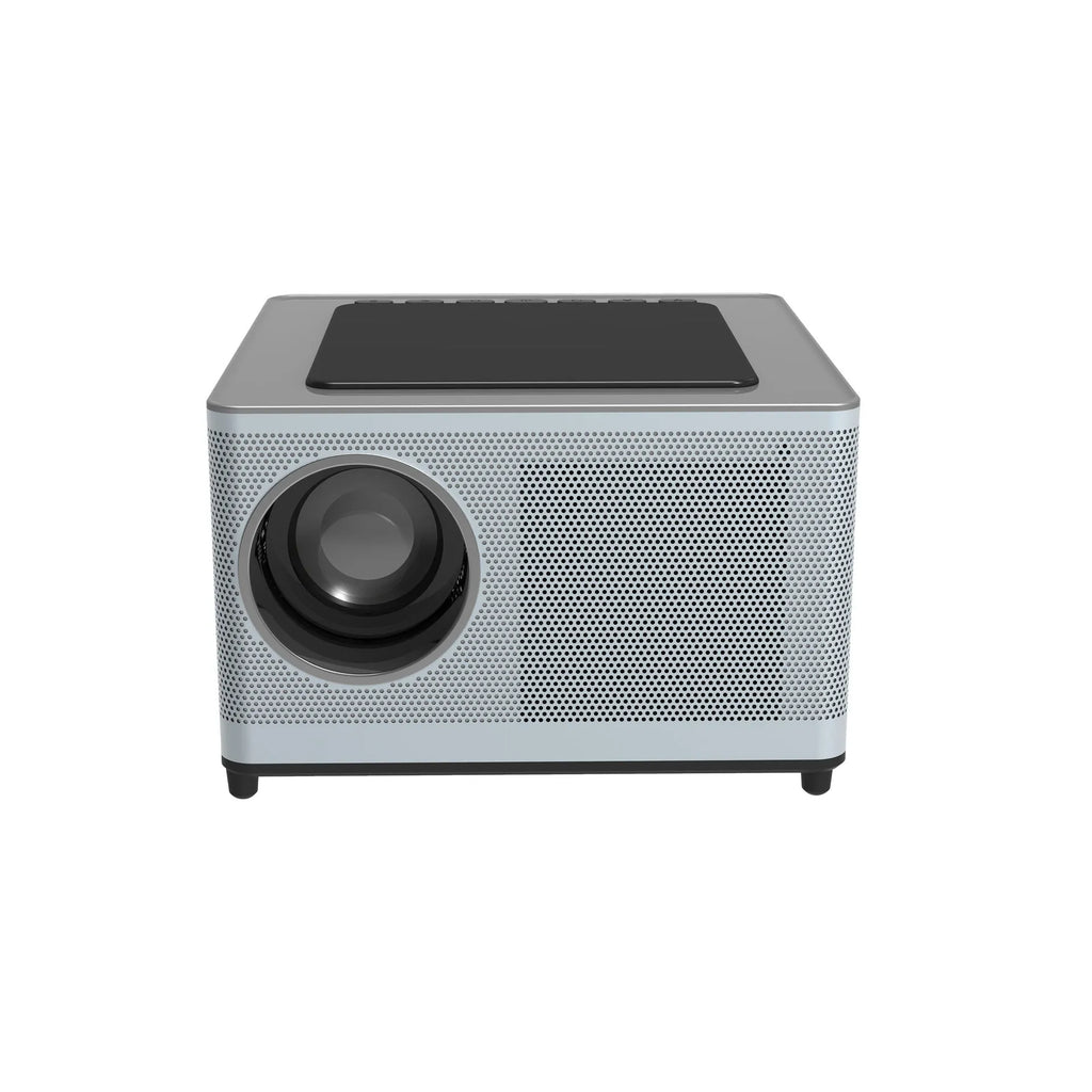 White mini portable projector with black lens and ventilation grilles on front panel
