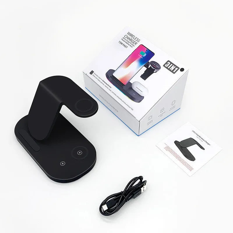 15W three in one wireless charger for watch and mobile phone in black with Type-C input