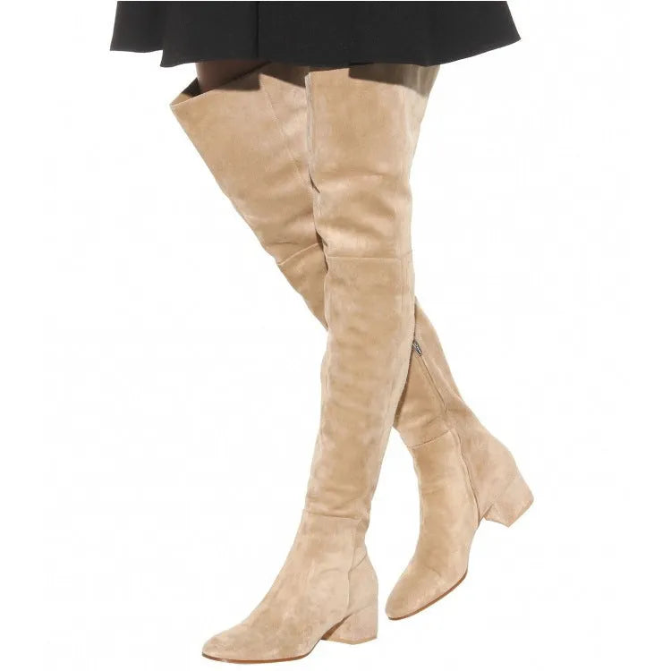 Grey suede women's over the knee flat boots with a pointed toe and low thick heel