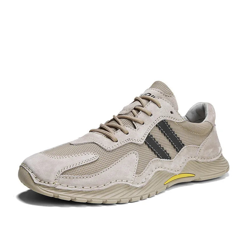 Men's low-top lace-up hiking boots with pigskin upper and platform sole in sand colour, side view