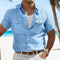 Men's loose-fit cotton linen shirt in a solid colour with a polo collar and long sleeves.