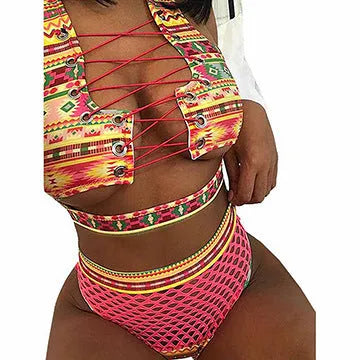 Women's cross strap fishnet high waist bikini set in checkered multicolor with bra top and shorts