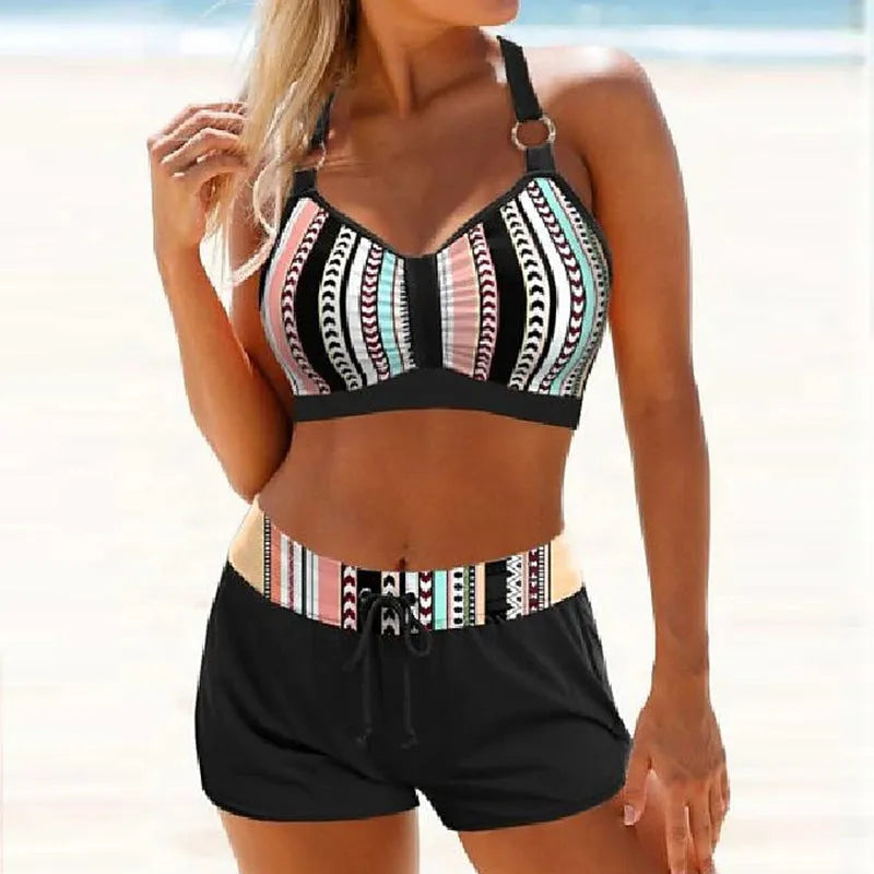 Women's two-piece hot spring swimsuit bikini in polyester, sizes S-XL, available in navy blue and print colours