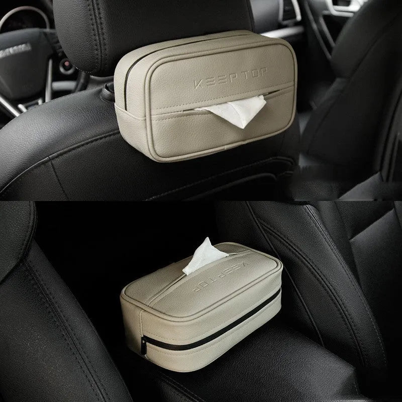 Black leather hanging storage box with paper bag for car or home organisation