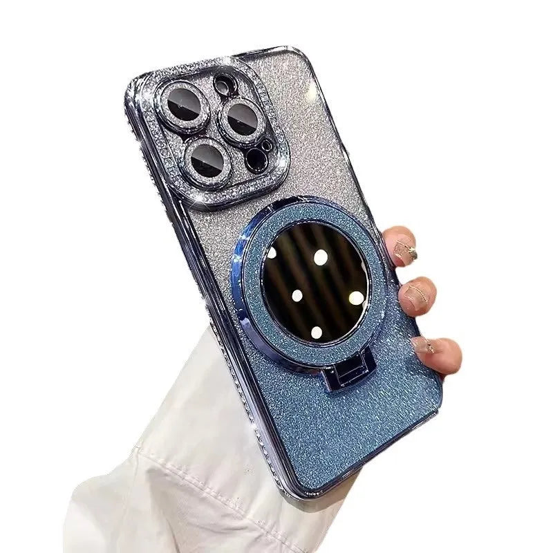 Gradient glitter TPU phone case with fold-out mirror bracket for iPhone, showing reflective electroplated finish