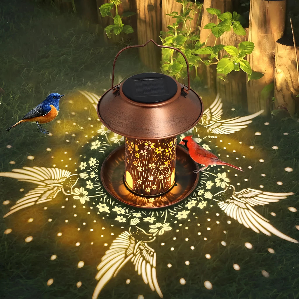 Solar powered iron art bird feeder lamp with hummingbird pattern design and LED light