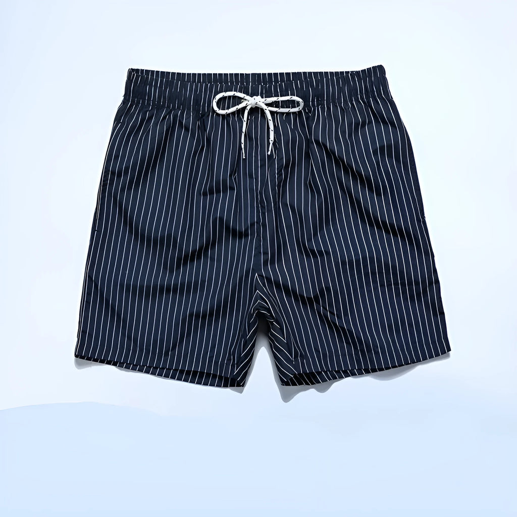 Striped polyester beach shorts with straight leg opening in navy blue grey khaki light blue colours