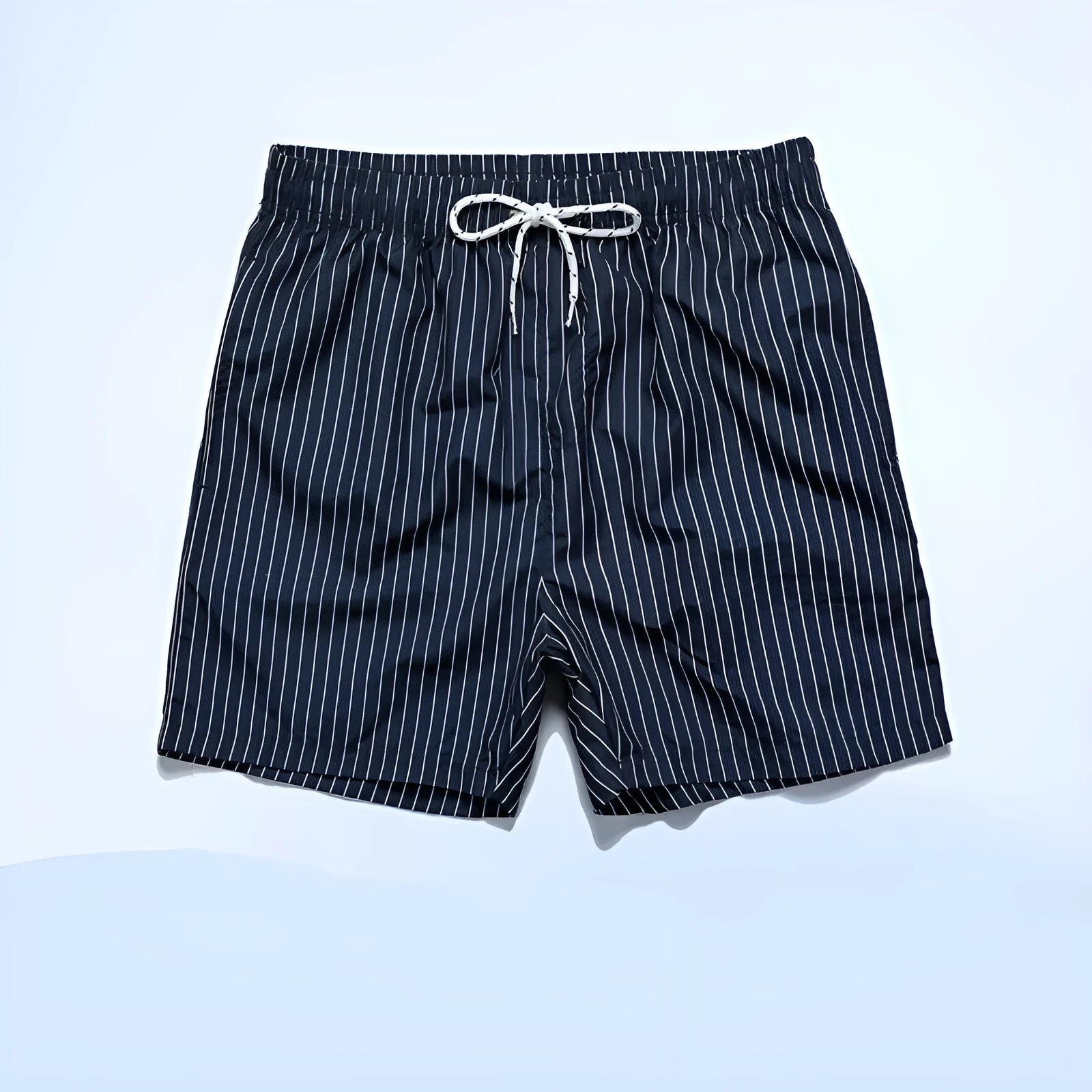 Striped polyester beach shorts with straight leg opening in navy blue grey khaki light blue colours