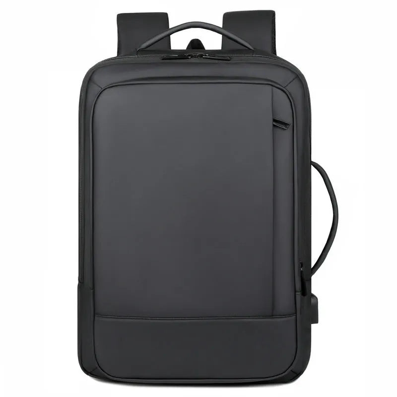 Waterproof black Oxford cloth business backpack with curved shoulder straps and 20-35L capacity