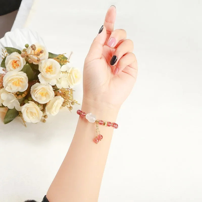 Strawberry quartz agate white rabbit bracelet with round 6mm beads handmade sweet style for women