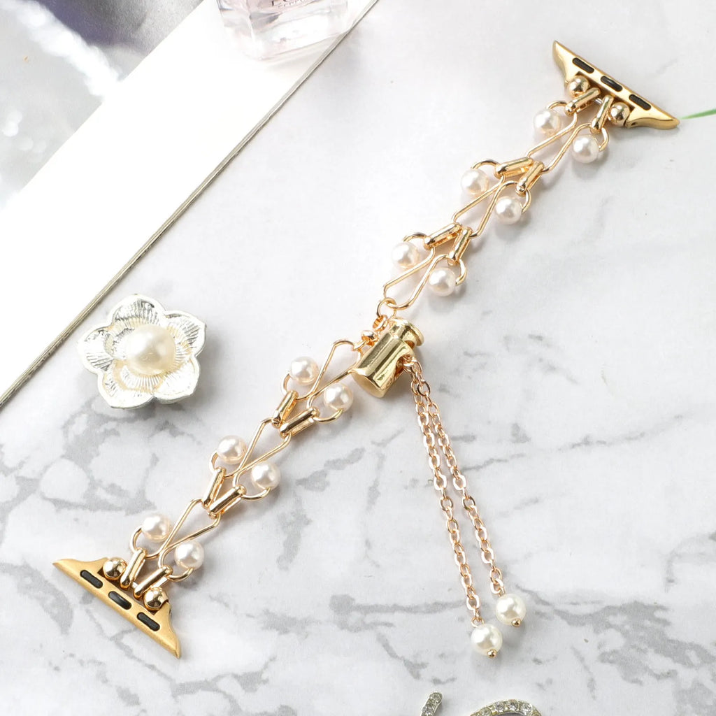 Pearl love necklace smart watch strap for Apple in simple metal style with decorative pearl accents