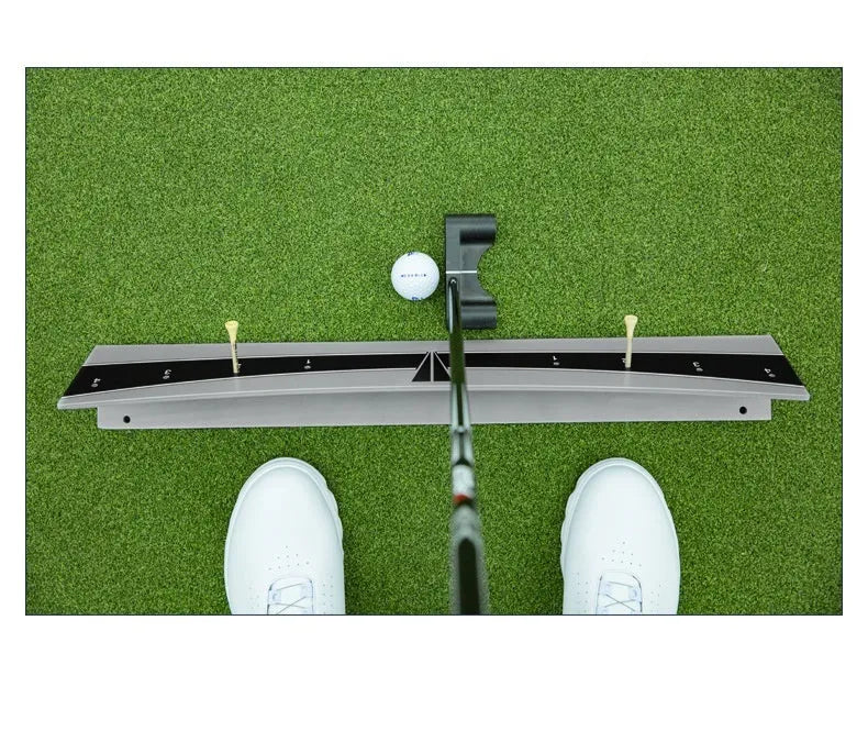 Golf putter trajectory balance simulator with adjustable push rod balancer on a floor