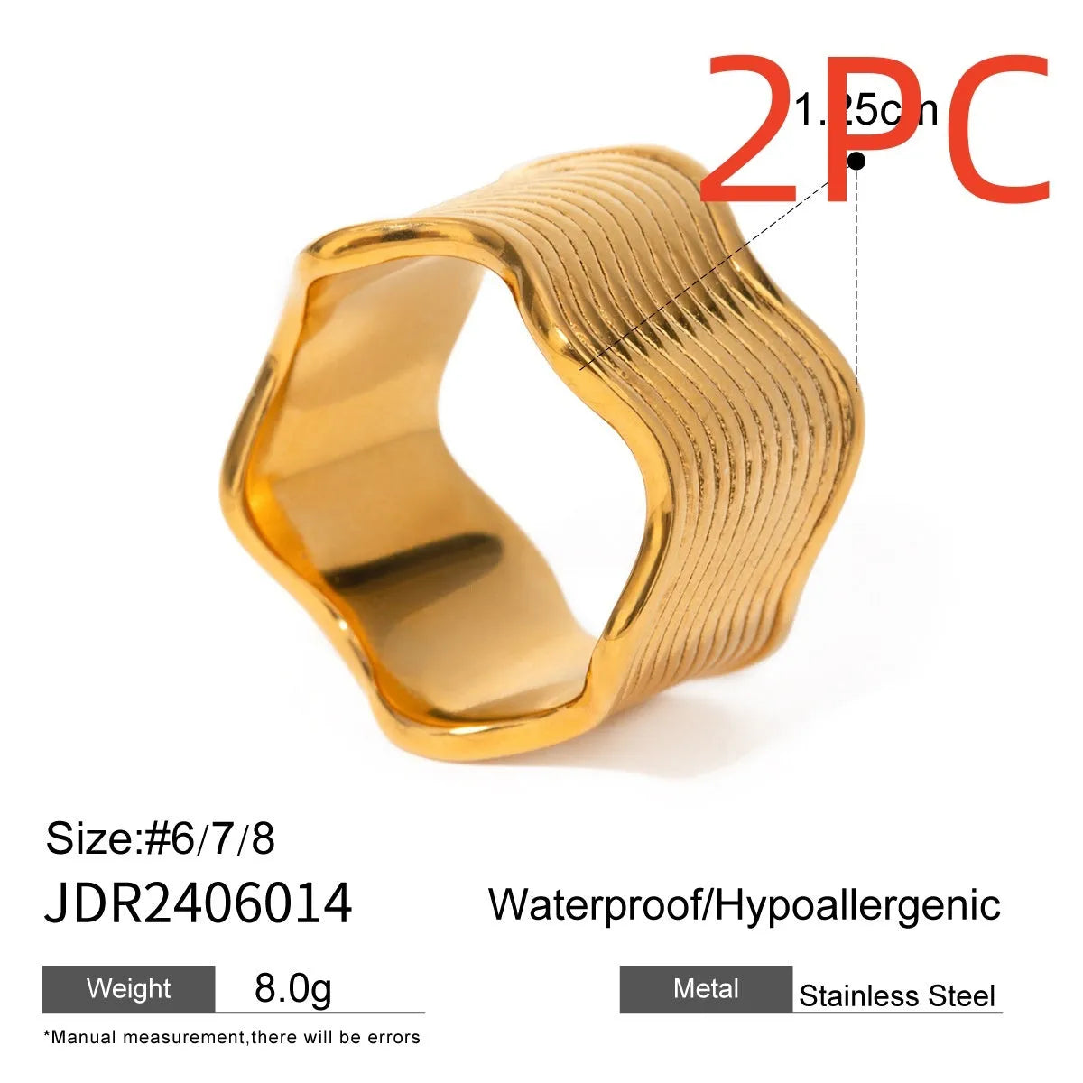 Stainless steel ring with a wide geometric wave design in a gold or silver finish.
