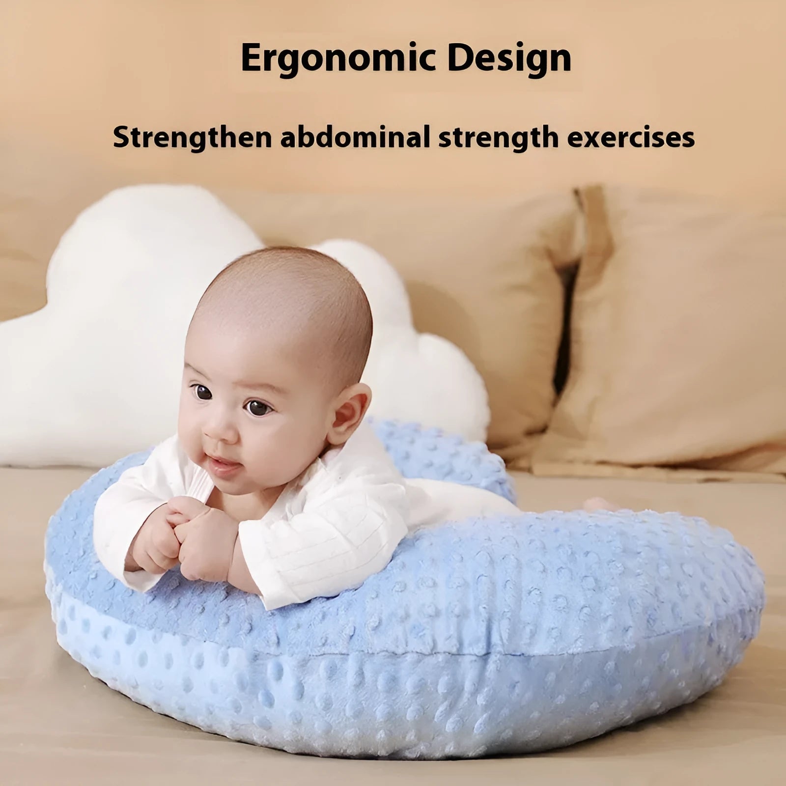 Nursing pillow with milk spilt prevention design in grey, light blue, pink, and yellow colour options