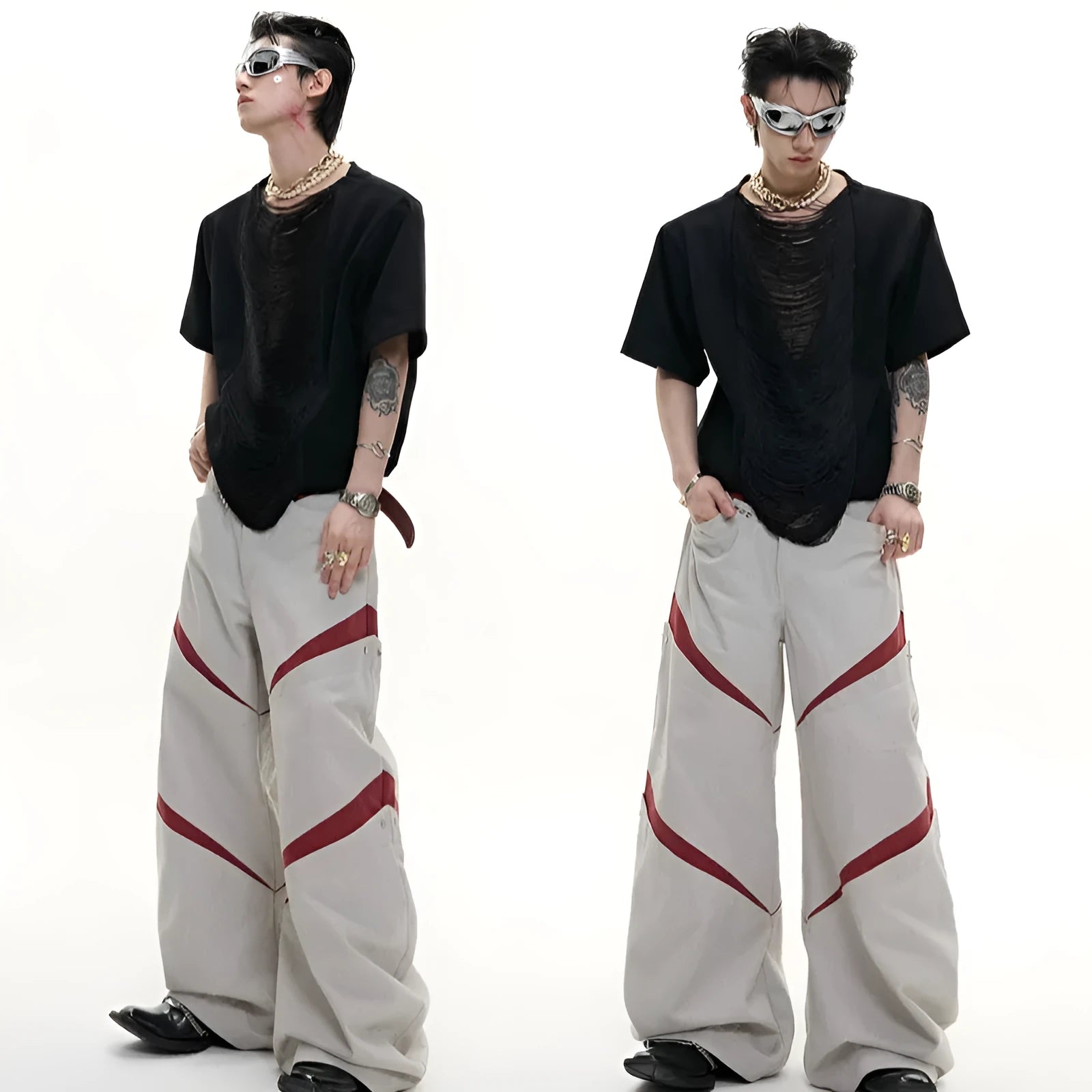 Men's black loose fit t-shirt with hollow out V-neck and short sleeves