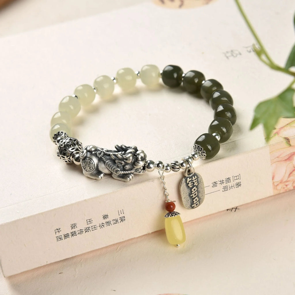 Retro women's pure silver coin bracelet with natural Hetian jade pendant, 8x7mm, handcrafted