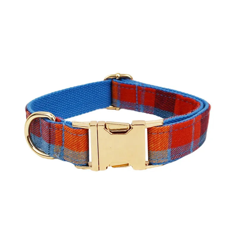 Blue velvet plaid dog collar and hand-holding rope set with bow on a blue background showing sizes XS to XL