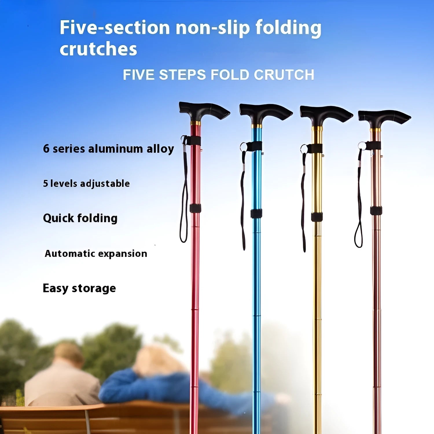 Aluminium alloy folding walking stick adjusted to show length, displayed in a choice of colours.