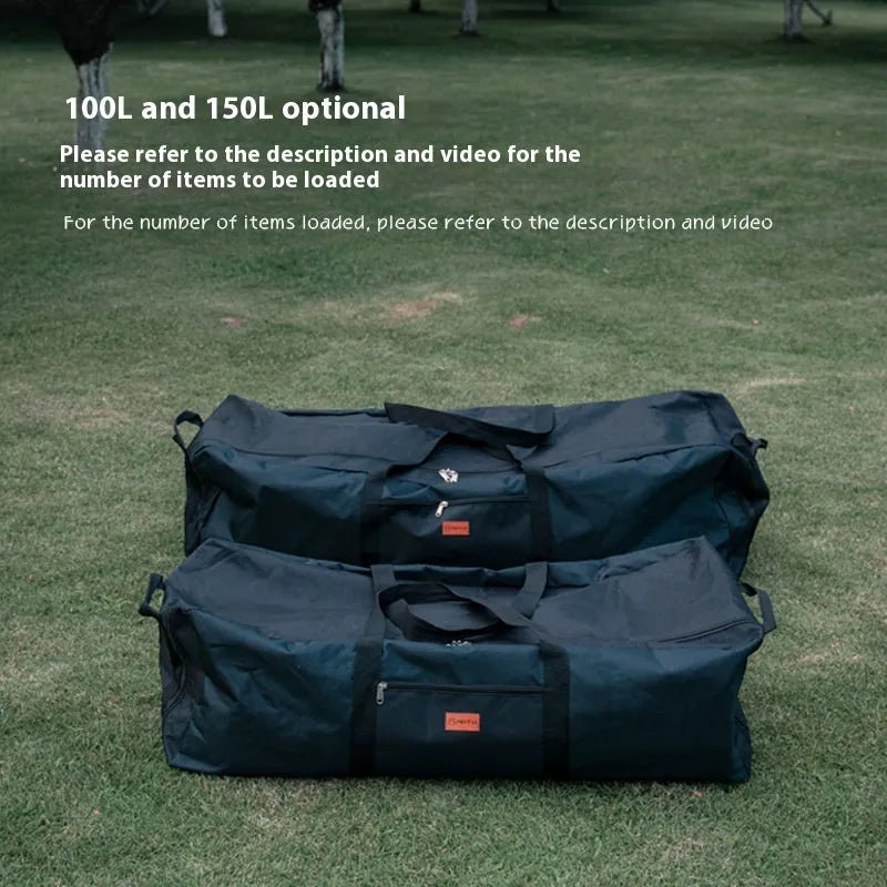 Large black waterproof storage bag for camping tents, tables, and chairs, shown with size dimensions.