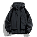 Men's black waterproof windproof hooded jacket with long sleeves on a hanger.
