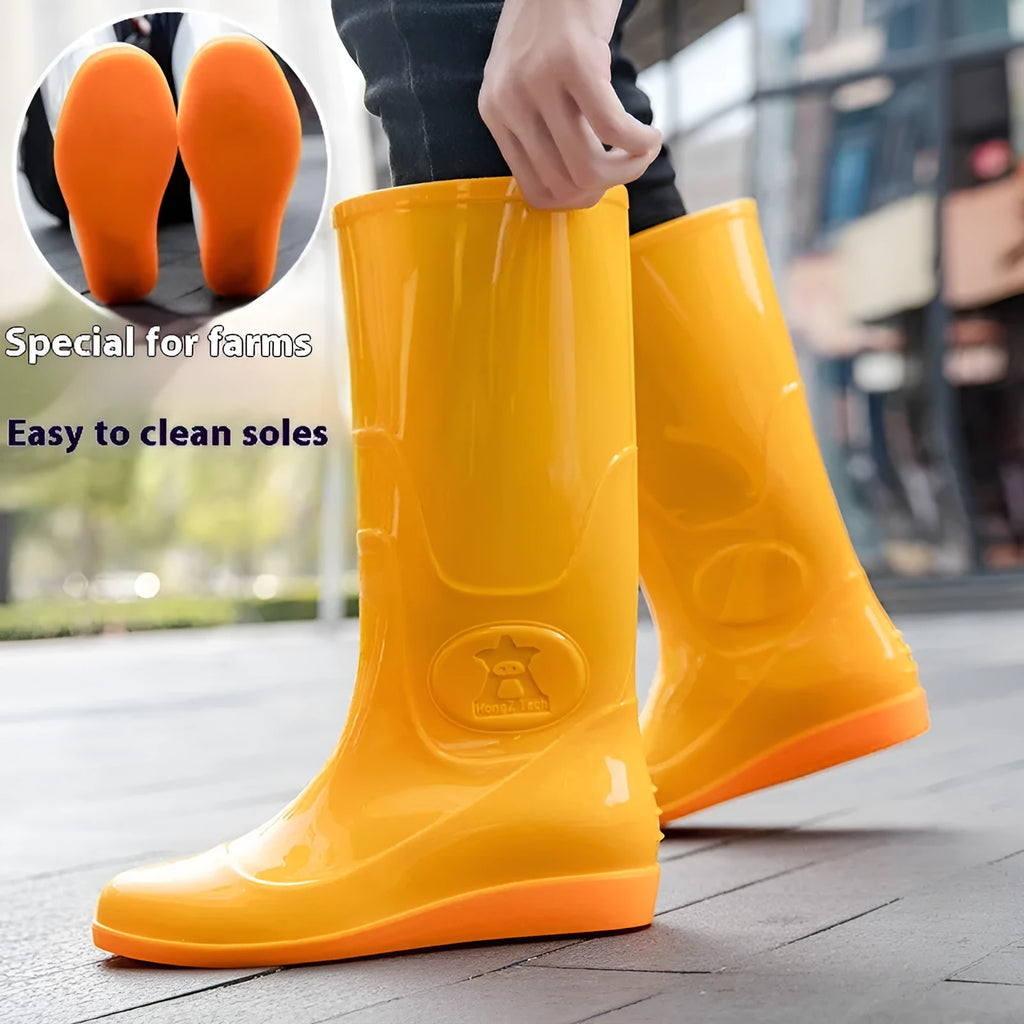Flat washable PVC rain boots for men in white, with high tube and round toe - labour protection footwear