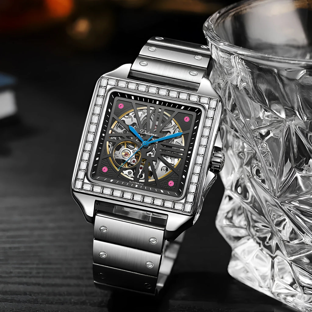 Square diamond-studded automatic watch for men with choice of black or white steel and leather straps