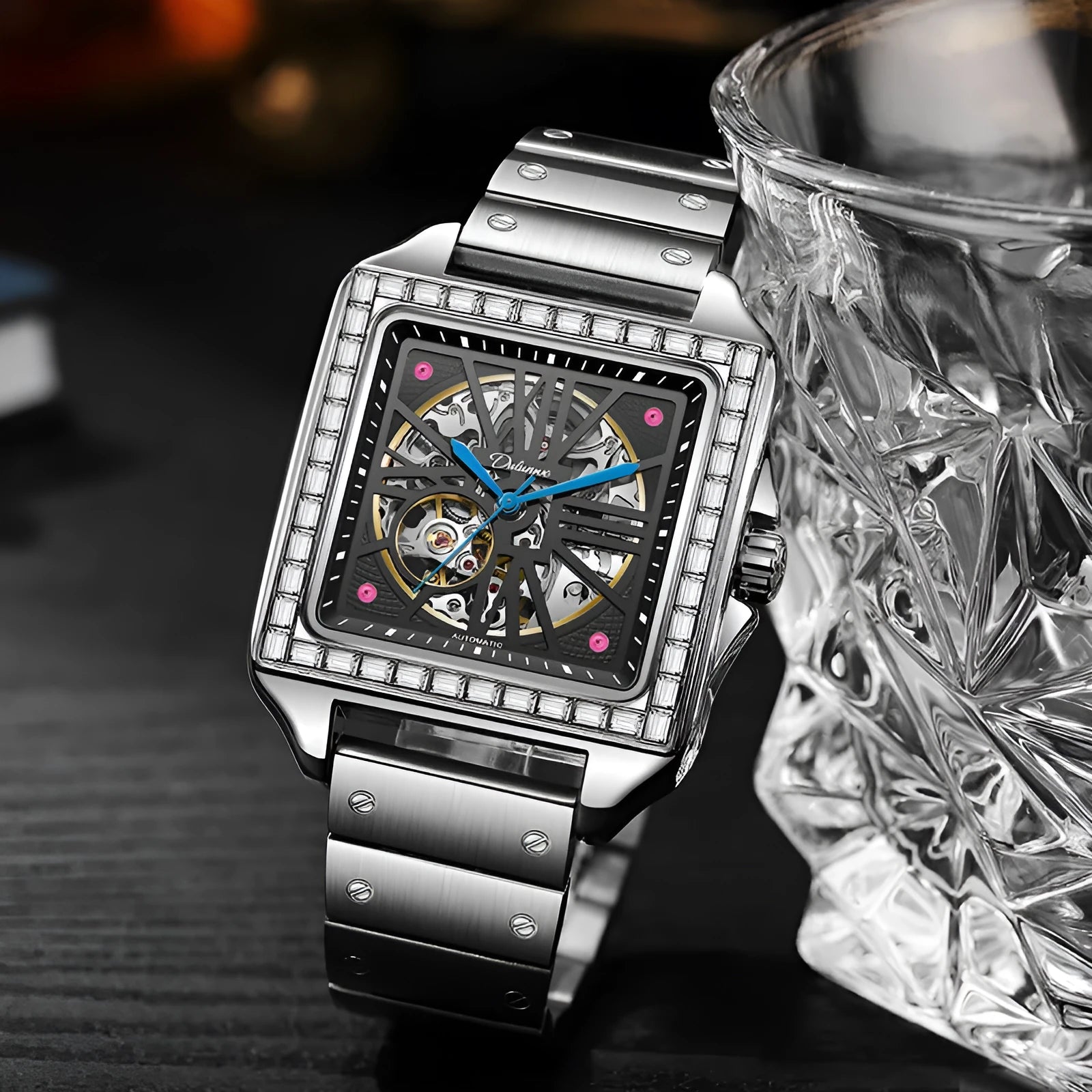 Square diamond-studded automatic watch for men with choice of black or white steel and leather straps