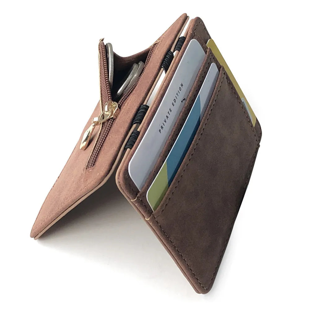 Korean style matte leather magic wallet in light gray with visible sewing lines and coin pocket