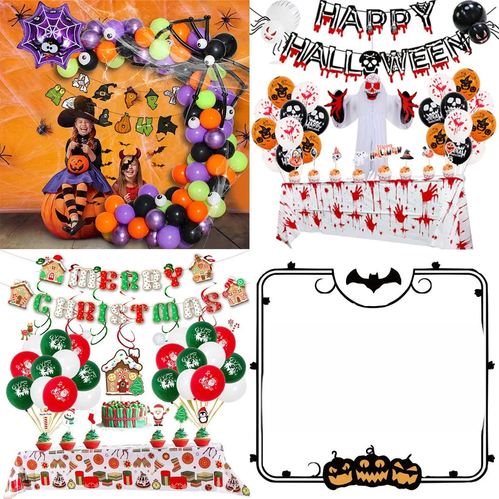 Halloween balloon combo set showing skull and pumpkin designs with a spider motif balloon arch in black and white.
